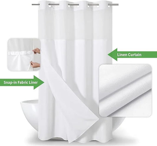 eachope Stall No Hooks Needed White Shower Curtain with Snap-in Fabric Liner Set,Linen Textured Hotel Luxury Decor Farmhouse Shower Curtains for Bathroom,Waterproof & Washable,54Wx80H - ModernBath