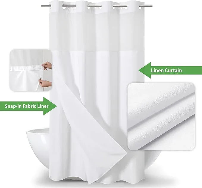 eachope Stall No Hooks Needed Linen Textured Shower Curtain with Snap-in Fabric Liner Set,Hotel Luxury Decor Shower Curtains for Bathroom,Waterproof & Washable,54Wx74H,White - ModernBath