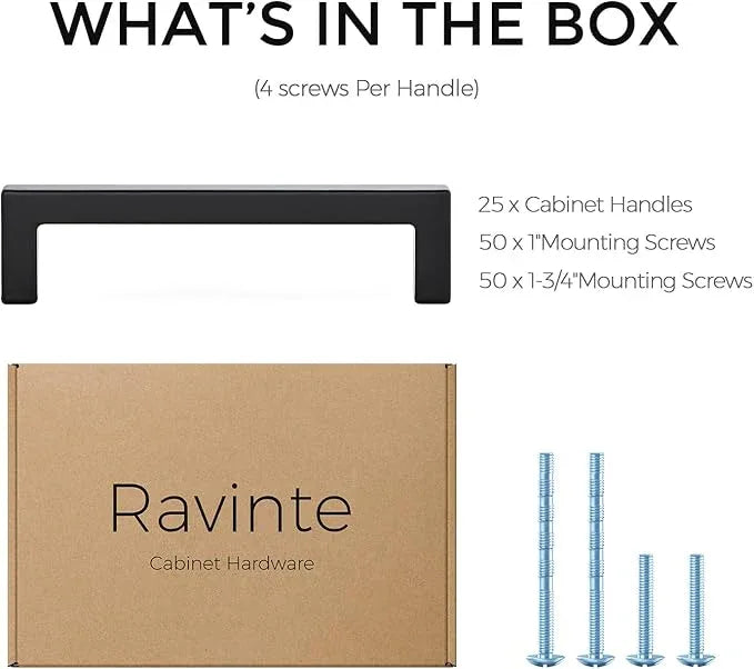 Ravinte 25 Pack Solid 4 Inch Center to Center Slim Square Bar Drawer Handles - Cabinet Hardware in Matte Black - Kitchen Handles and Pulls - ModernBath