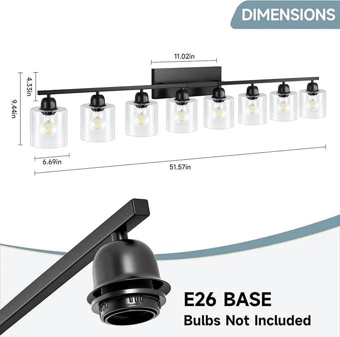FAISHILAN Modern 8 Light Bathroom Light Fixtures, 52 inch Vanity Lights for Bathroom with Clear Glass, Black Bathroom Light Fixture for Mirror Kitchen Living Room Hallway Cabinet Porch - ModernBath