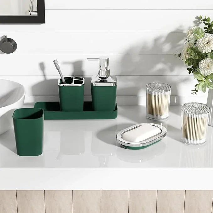 XLHOMO Dark Green Bathroom Accessories Set, Green Bathroom Set with Trash Can, Toothbrush Holder, Toothbrush Cup, Soap Dispenser, Soap Dish, Toilet Brush Holder, 2 Qtip Holder Dispensers and Tray - ModernBath
