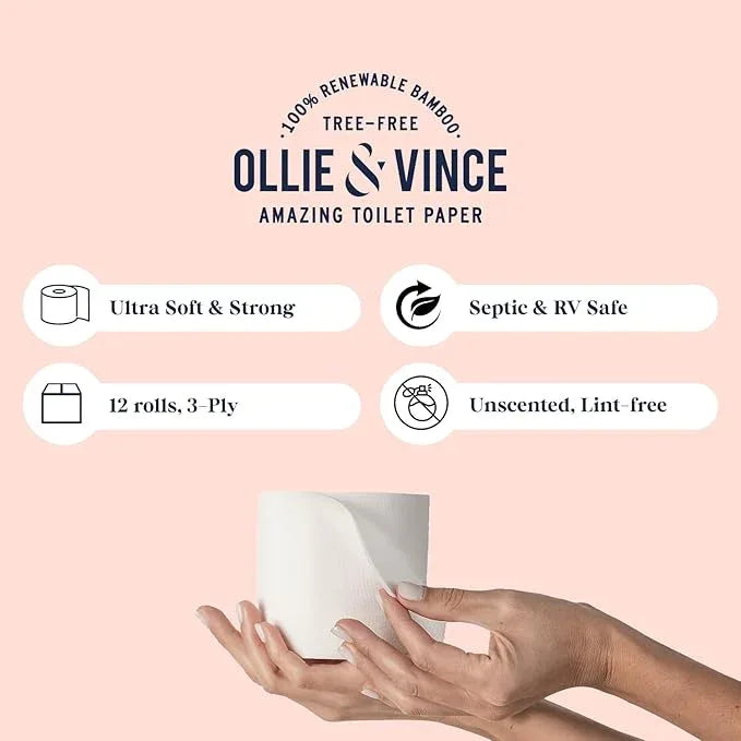 Ollie & Vince Bamboo Toilet Paper | Sustainable, Eco-Friendly, Plastic-Free & Tree-Free, Organic | 12 Rolls, 3-Ply, Soft, Strong & Septic Safe, Unscented | Premium Bathroom Tissue - ModernBath