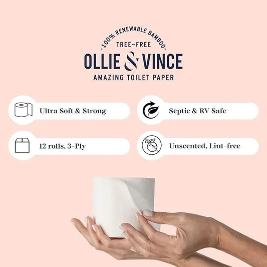 Ollie & Vince Bamboo Toilet Paper | Sustainable, Eco-Friendly, Plastic-Free & Tree-Free, Organic | 12 Rolls, 3-Ply, Soft, Strong & Septic Safe, Unscented | Premium Bathroom Tissue - ModernBath