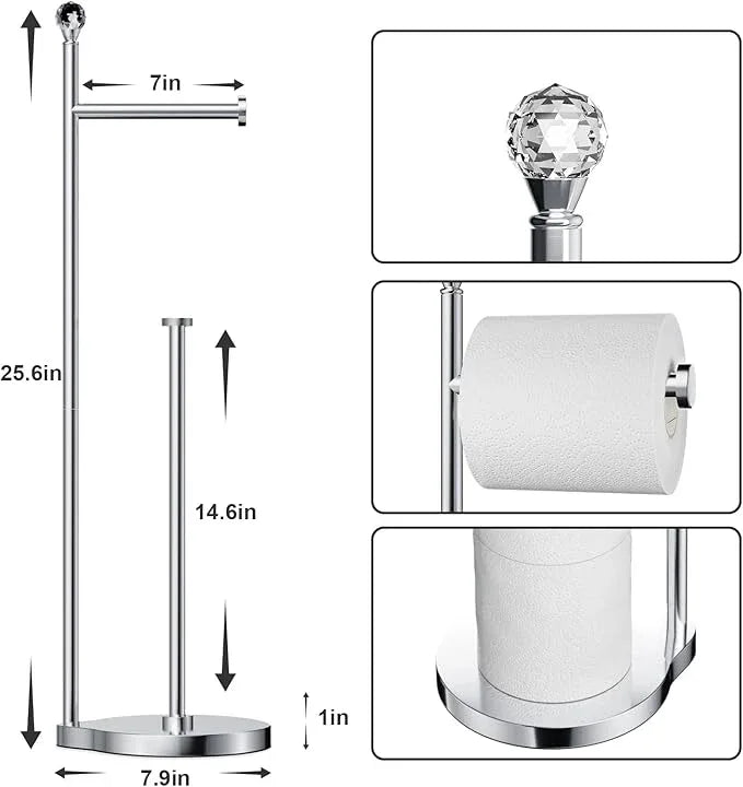 Toilet Paper Holder for Bathroom, Heavy Weighted Metal Free Standing Toilet Paper Storage with Crystal Ball, Toilet Paper Stand for Bathroom Accessories, Polished Chrome [Holds MEGA Rolls] - ModernBath