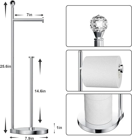 Toilet Paper Holder for Bathroom, Heavy Weighted Metal Free Standing Toilet Paper Storage with Crystal Ball, Toilet Paper Stand for Bathroom Accessories, Polished Chrome [Holds MEGA Rolls] - ModernBath