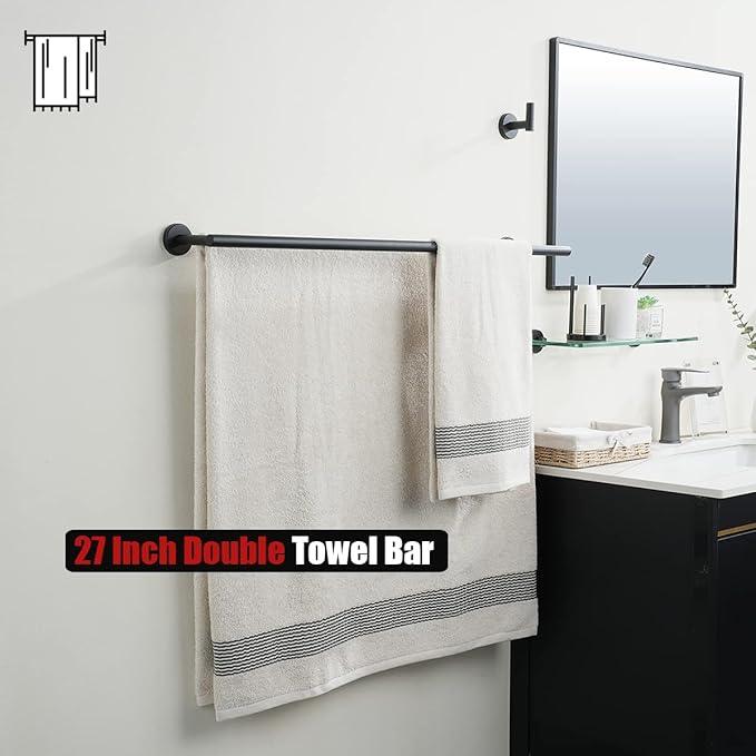 JQK Double Bath Towel Bar, Matte Black 30 Inch 304 Stainless Steel Thicken 0.8mm Towel Rack for Bathroom, Towel Holder Wall Mount, Useable Length 27 Inch, TB100L27-PB - ModernBath