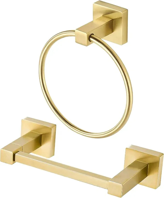 BigBig Home Gold Toilet Paper Holder Towel Ring, Brushed Gold Hand Towel Holder Bathroom Hardware Accessories Wall Mount Double Post Toilet Tissue Roll Holder Square 2 Pieces Set - ModernBath