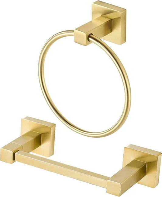 BigBig Home Gold Toilet Paper Holder Towel Ring, Brushed Gold Hand Towel Holder Bathroom Hardware Accessories Wall Mount Double Post Toilet Tissue Roll Holder Square 2 Pieces Set - ModernBath