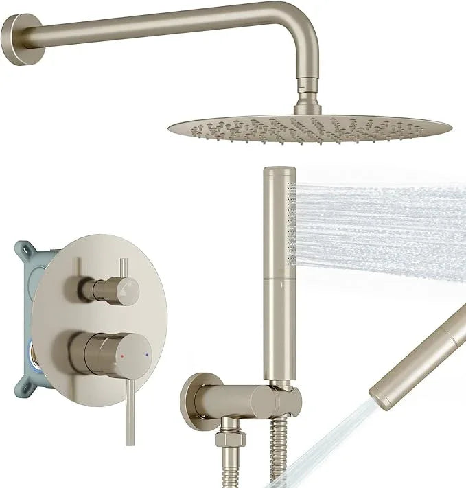 BESy Shower System with 10 Inch Round Rain Shower Head and Handheld Wall Mounted, High Pressure Rainfall Shower Faucet Fixture Combo Set with 2 in 1 Handheld Showerhead for Bathroom, Brushed Nickel - ModernBath