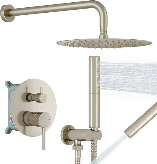BESy Shower System with 10 Inch Round Rain Shower Head and Handheld Wall Mounted, High Pressure Rainfall Shower Faucet Fixture Combo Set with 2 in 1 Handheld Showerhead for Bathroom, Brushed Nickel - ModernBath