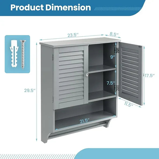 Giantex Medicine Cabinet with 2 Louvered Doors, 3-Position Adjustable Shelf, Towel Bar, Wall Mounted Bathroom Cabinet Above Toilet, Over The Toilet Space Saver (Grey) - ModernBath