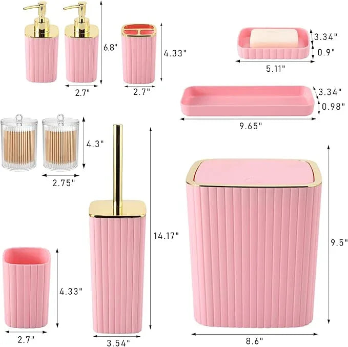 XLHOMO Pink Bathroom Accessories Set - Gorgeous Bathroom Set, 10PC Bathroom Accessory Set, Toilet Brush, Trash Can, Qtip Holder Dispenser & Soap Dispenser - ModernBath
