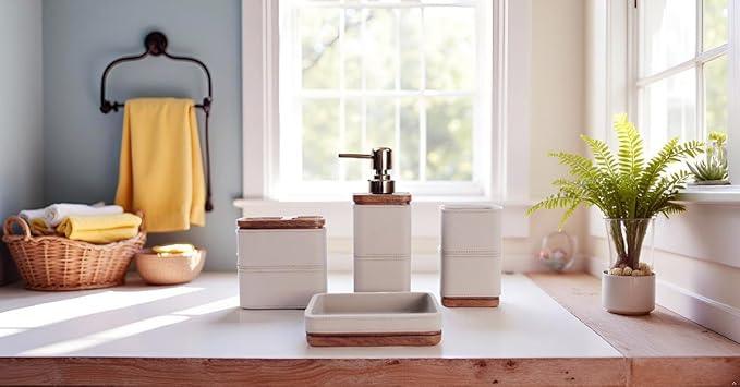 Hymmah Leather Pattern Design Bathroom Accessories Set,Farmhouse Bathroom Decor,4 Pcs Resin Gift Set Apartment Necessities, Contain Cotton Swab Jar,Soap Dispenser,Tumbler，Soap Dish/Tray - ModernBath