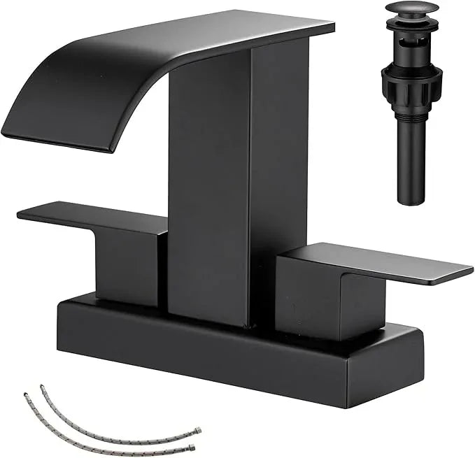 Bathroom Faucet Matte Black Modern GGStudy 2 Handles 4 Inches Centerset RV Black Waterfall Bathroom Vanity Faucet with Drain Assembly - ModernBath