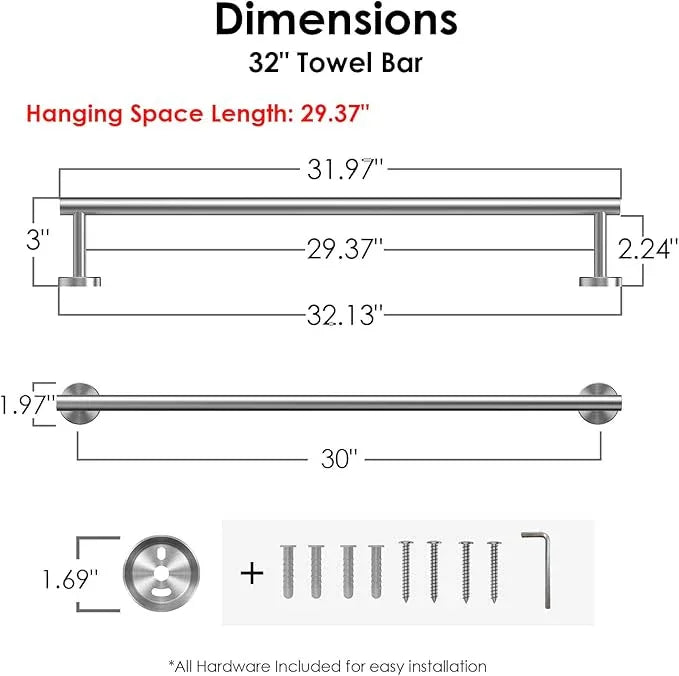 FORIOUS Towel Bar Wall Mounted, 30 Inch Stainless Steel Towel Racks for Bathroom, Includes Wall Mounting Hardware (Brushed Nickel, Total Length 32 Inch) - ModernBath