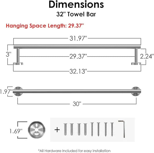 FORIOUS Towel Bar Wall Mounted, 30 Inch Stainless Steel Towel Racks for Bathroom, Includes Wall Mounting Hardware (Brushed Nickel, Total Length 32 Inch) - ModernBath