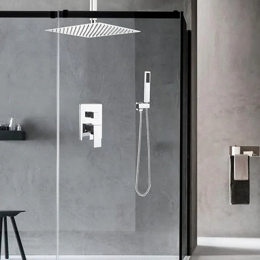 JingGang 16 Inch Ceiling Mount Polished Chrome Shower System Bathroom Luxury Rain Mixer Shower Combo Set Ceiling Rainfall Shower Head System (Contain Shower Faucet Rough-in Valve Body and Trim Kit) - ModernBath