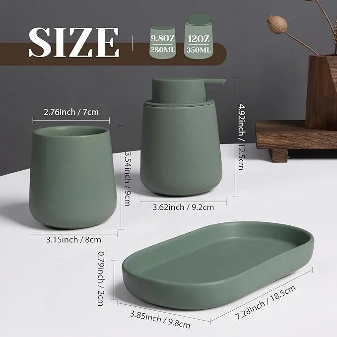 INGOFIN 3 Pcs Ceramic Bathroom Accessory Set - Liquid Soap Dispenser, Toothbrush Holder & Tray, Bathroom Counter Set, Countertop Essentials for Home, Guest Bathroom, or Office Use, Matte Green - ModernBath