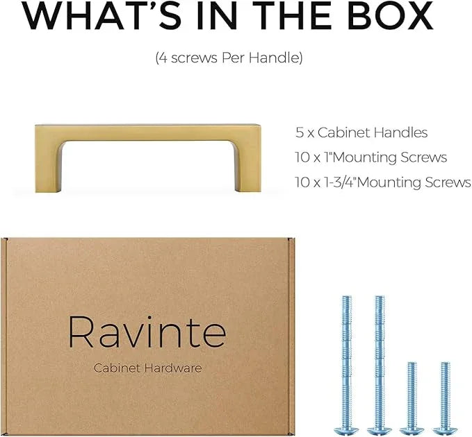 Ravinte 5 Pack Solid 3 Inch Square Cabinet Handles - Brushed Brass Drawer Pulls - Kitchen Hardware and Handles - ModernBath