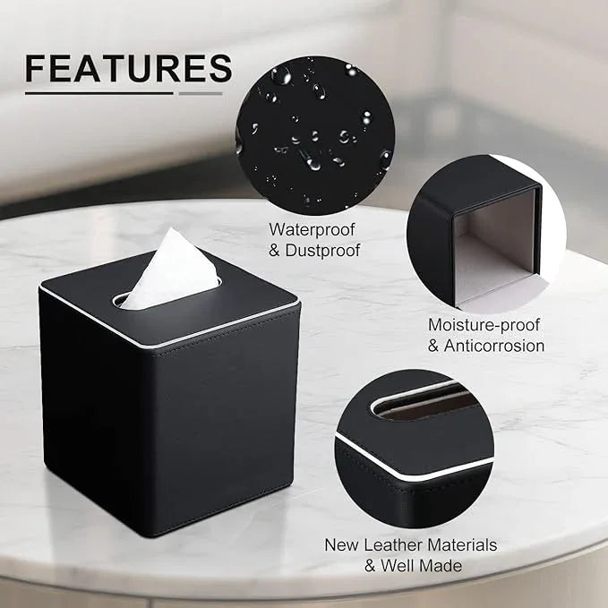 KINGFOM Leather Tissue Box Cover – Square Modern PU Leather Tissue Holder, Cube Tissue Dispenser for Home, Office, Bedroom, Bathroom – Elegant Minimalist Style (Black-Square) - ModernBath