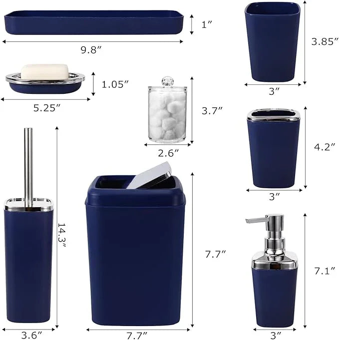 XLHOMO Navy Blue Bathroom Accessories Set, 9-Piece Plastic Gift Set with Trash Can, Toothbrush Holder, Toothbrush Cup, Soap Dispenser, Soap Dish, Toilet Brush Holder,2 Qtip Holder Dispensers and Tray - ModernBath