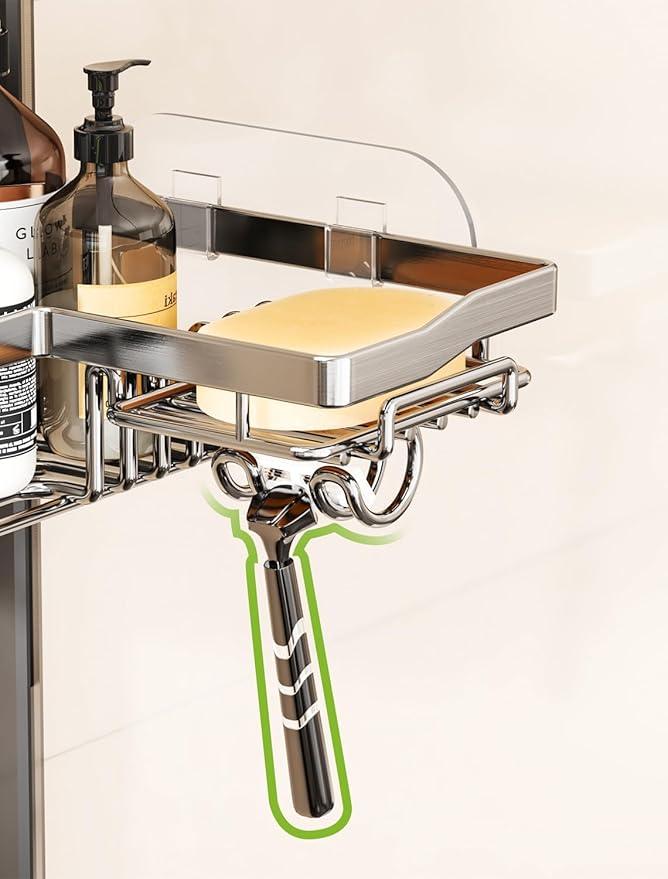 SWTYMIKI Shower Caddy Corner with Soap Holder, 2-Tier Stainless Steel Corner Shower Organizer with 11 Hooks, No Drilling & 6 Strong Adhesives Bathroom Shelf Organizer, Silver - 2 Tier - ModernBath