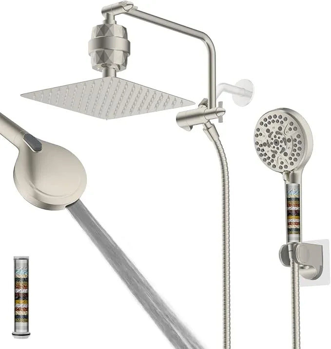 Filtered Shower Head, 10" High Pressure 10-Spray Handheld/Rainfall Shower Head Combo with 20 Stage Shower Filter, 11" Shower Extension Arm, 71" Hose, Shower Head Holder, Brushed Nickel - ModernBath