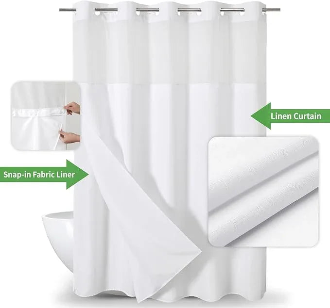 eachope Extra Long No Hooks Needed Linen Textured Shower Curtain with Snap-in Fabric Liner Set,White Hotel Luxury Decor Shower Curtains for Bathroom,Waterproof & Washable,71Wx86H - ModernBath