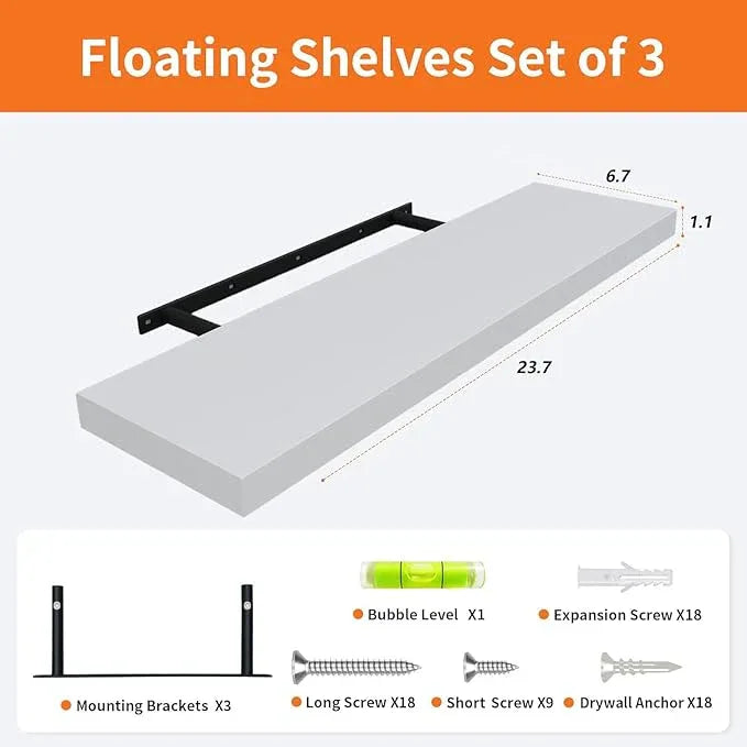 Floating Shelves for Wall Set of 3, 24" White Wall Shelves for Home Decor, Frame Display White Floating Shelf for Living Room, Bedroom, Bathroom, Kitchen - ModernBath