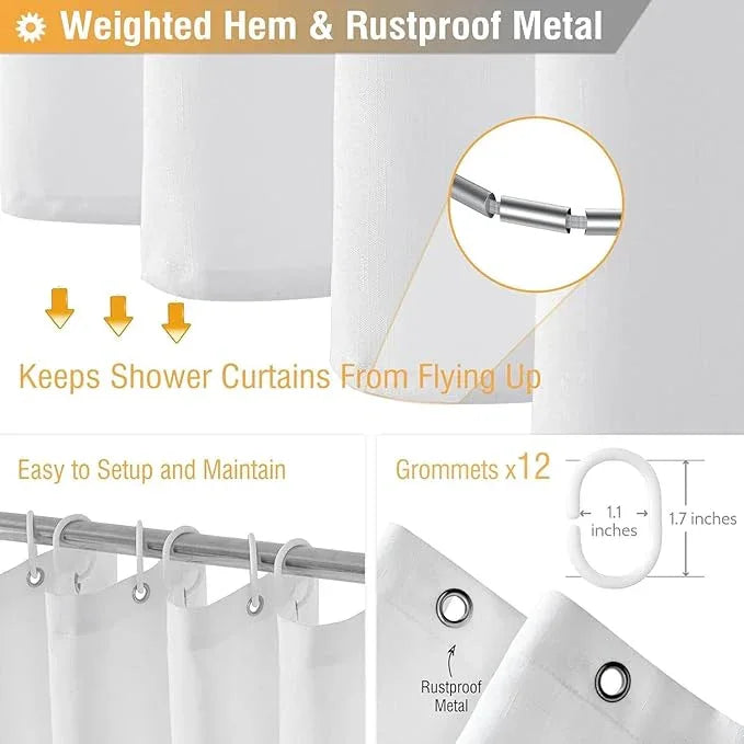 BTTN Long Fabric Shower Curtain - 72x80 Inch Linen Textured Heavy Duty Polyester Cloth Shower Curtain Set with Plastic Hooks, Hotel Trendy Luxury Waterproof Modern Shower Curtains for Bathroom, White - ModernBath