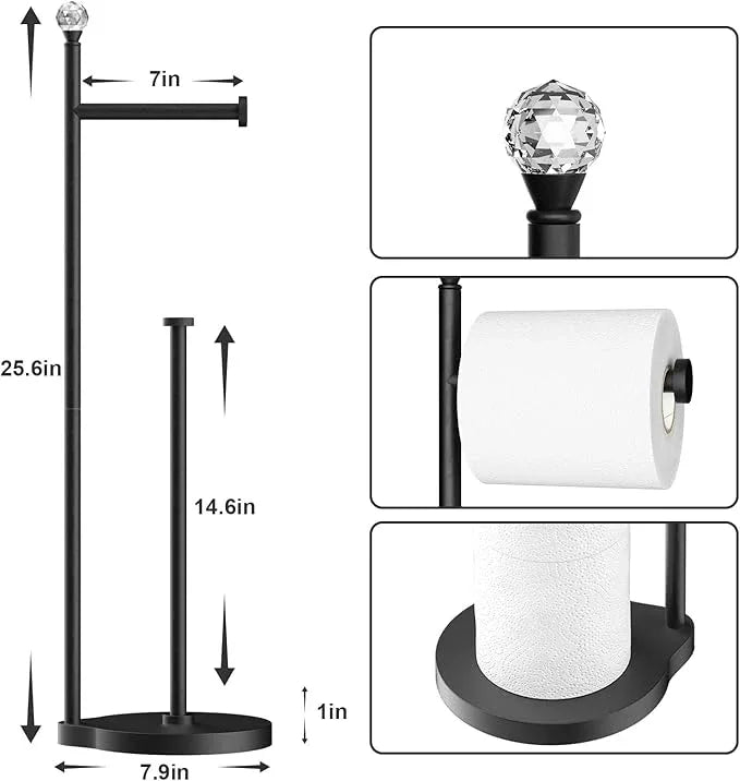 Toilet Paper Holder for Bathroom, Heavy Weighted Metal Free Standing Toilet Paper Storage with Crystal Ball, Toilet Paper Stand for Bathroom Accessories, Matte Black [Holds MEGA Rolls] - ModernBath