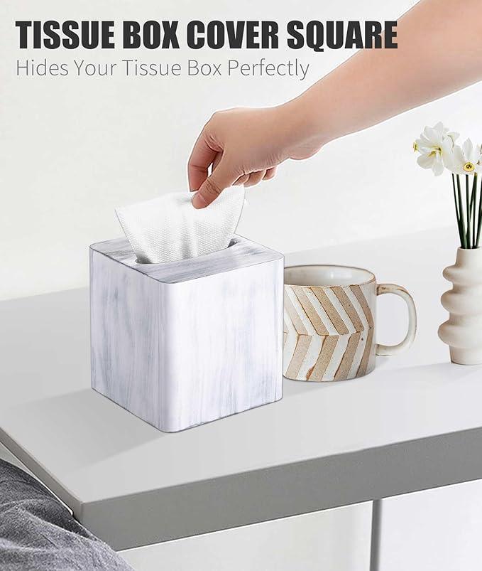 Livelab Tissue Box Cover Square - Oak Wood Tissue Box Holder for Living Room, Dinner Table, Bathroom, Office - Decorative Wooden Cube Facial Tissue Cover for Modern Farmhouse Home Decor | Whitewash - ModernBath