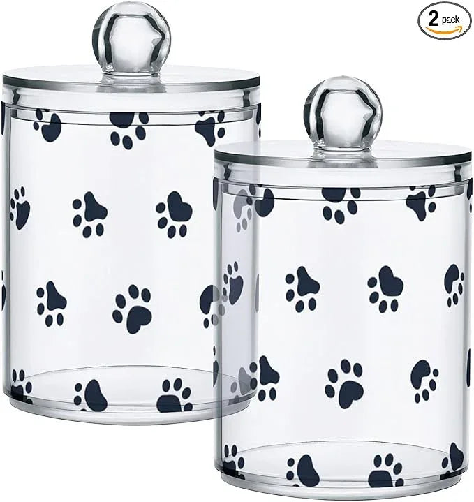 Tatenale Qtip Holder Bathroom Set Q tip Cotton Ball Swab Pad Dispenser Container Organizer Plastic Jars with Lids Storage 2Pack Small Paw Print White - ModernBath