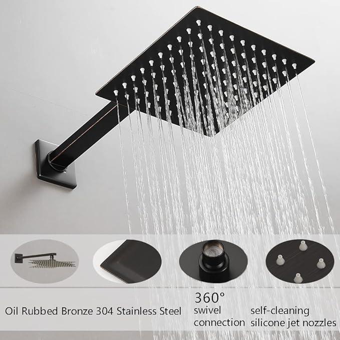 Heable Oil Rubbed Bronze Shower Faucet Set, Single Function Shower Trim Kit with Rough-in Valve, Square Rain Shower Head System Included Extra Long Shower Arm for Bathroom - ModernBath