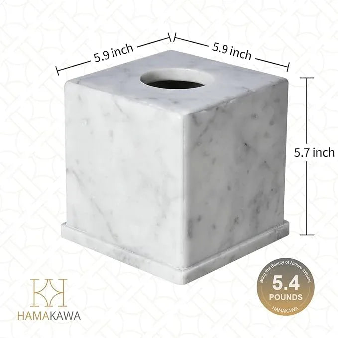 HAMAKAWA Natural Marble Tissue Box Cover, Carrara White Tissue Organizer 6 X 6 X 5.7 Inch, Heavy Stone Decorative Box, Square Tissue Box Holder for Home Decor, Kitchen, Bathroom, Bedroom - ModernBath