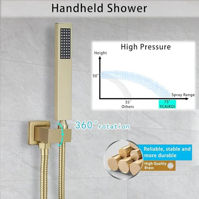 Brushed Gold Shower System YCAIKOI Wall Mount Shower Faucet Set for Bathroom 10 Inch High Pressure Luxury Shower Head with Handheld, Rough-in Valve Body and Trim Included - ModernBath