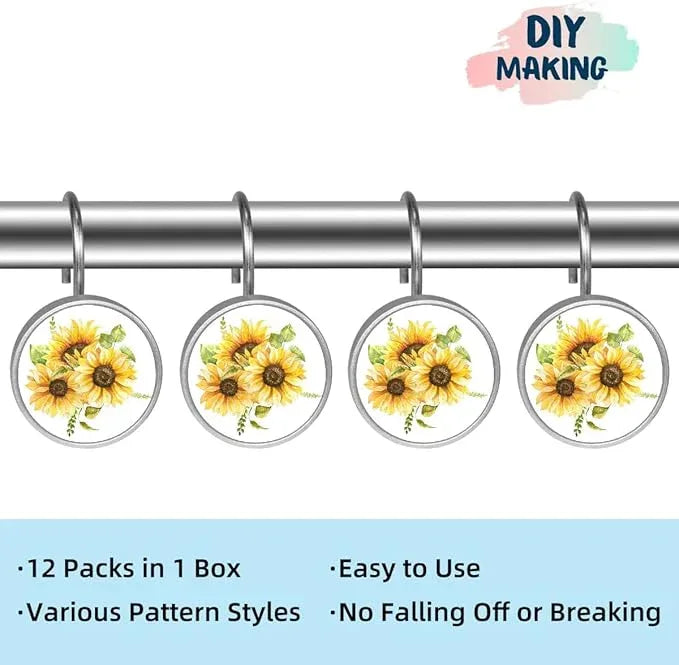 12 Pcs Decorative Shower Curtain Hooks, Rust Proof Glass Surface Stainless Steel Rings for Bathroom Bedroom Kitchen Home Bath Room Rods Decor (Watercolor Sunflowers Bouquet) - ModernBath