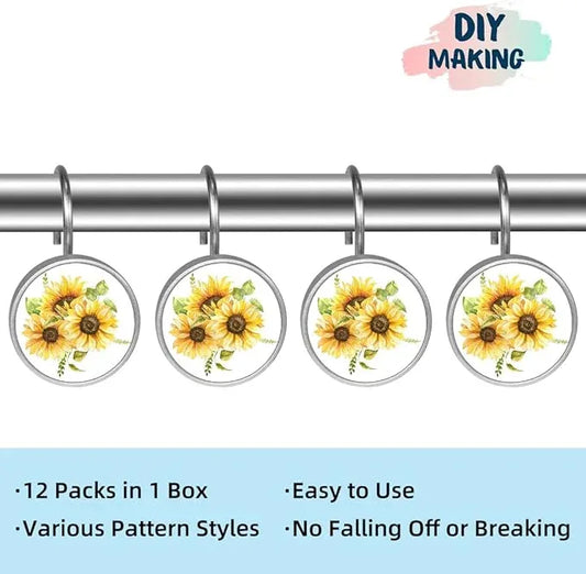 12 Pcs Decorative Shower Curtain Hooks, Rust Proof Glass Surface Stainless Steel Rings for Bathroom Bedroom Kitchen Home Bath Room Rods Decor (Watercolor Sunflowers Bouquet) - ModernBath
