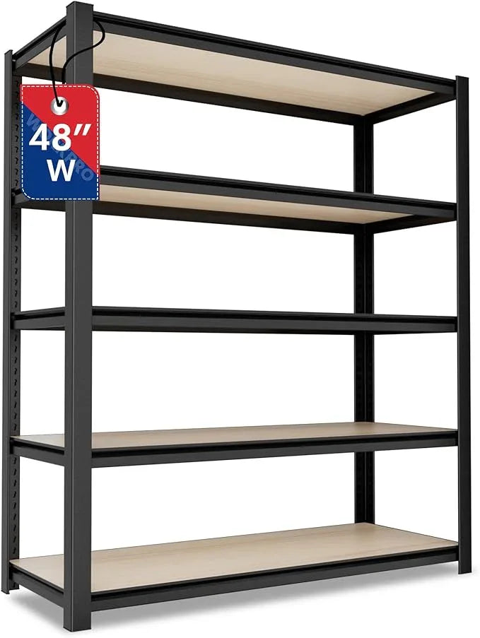 WORKPRO House 5-Tier Shelving Unit, Adjustable Heavy Duty Storage Shelves, Wood Grain Pattern, Waterproof Board, 3000lbs Boltless Shelving for Kitchen, Living Room, Garage, 48"W x 24"D x 72"H, Black - ModernBath