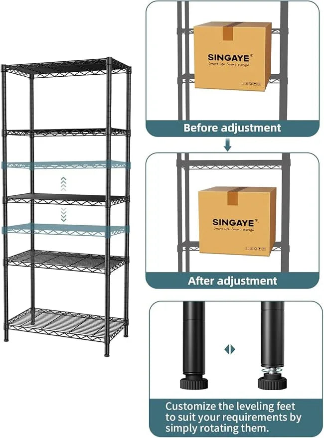 SINGAYE 5 Tier Storage Shelves Wire Shelving Unit Shelve Metal Kitchen Laundry Room Organization Home Pantry Closet Bathroom Organizers Garage Rack Estantes para Cocina 14" D x 24" W x 59.5" H Black - ModernBath