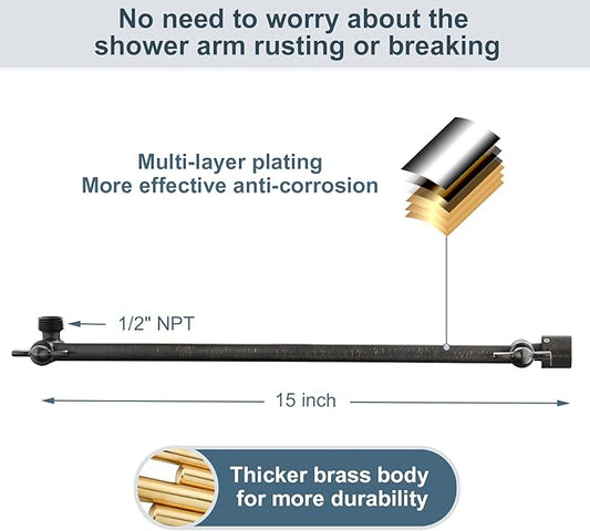 BRIGHT SHOWERS 15 Inch Extra Long Shower Head Extension Arm, Solid Brass Shower Arm Extender with Locking Screw for Rain and Handheld Showerhead, Height & Angle Adjustable, Oil-Rubbed Bronze