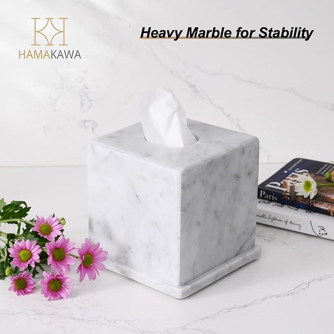 HAMAKAWA Natural Marble Tissue Box Cover, Carrara White Tissue Organizer 6 X 6 X 5.7 Inch, Heavy Stone Decorative Box, Square Tissue Box Holder for Home Decor, Kitchen, Bathroom, Bedroom - ModernBath