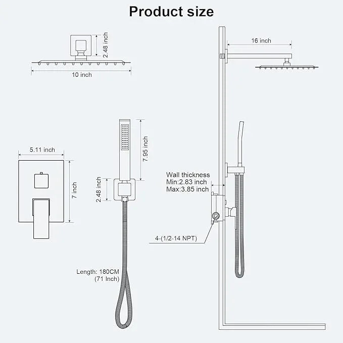 FPXRNG Shower Faucet Set Bathroom Square Rain Shower Head and Handle Set, Wall Mounted Shower Fixtures, Full Metal Trim Repair Kit 10 inch Polished Chrome (With Shower Valve) - ModernBath