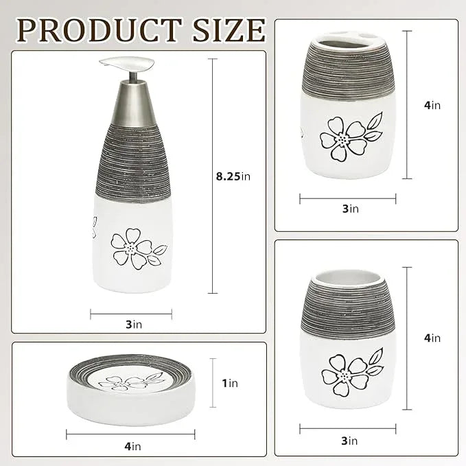 CERBIOR Bathroom Accessories Set,4 Pcs Ceramic Bathroom Decor Accessory,Includes Toothbrush Holder, Toothbrush Cup, Soap Dish for Decorative Countertop and Housewarming Gift, (White Flower) - ModernBath