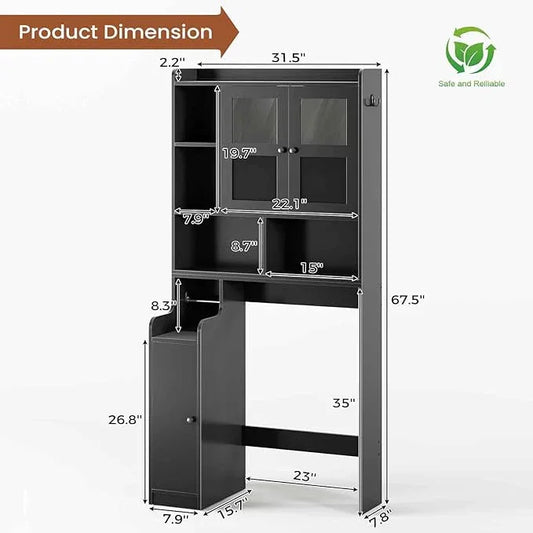 Itaar Over The Toilet Storage Cabinet, Over Toilet Bathroom Organizer with Glass Doors & Toilet Paper Holder Stand, Home Space-Saving Toilet Rack, for Bathroom, Restroom, Laundry(Black) - ModernBath