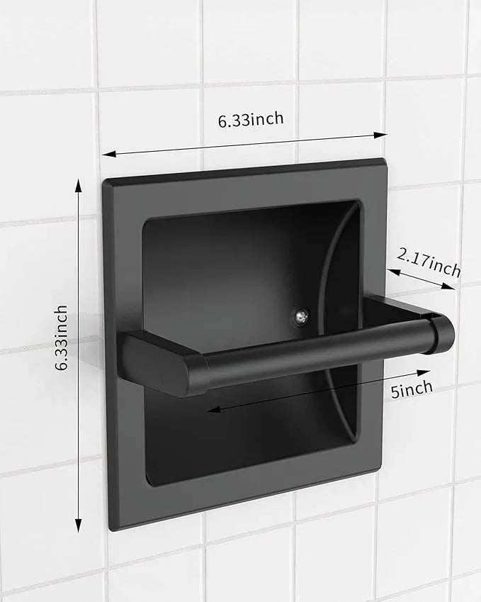 Modern Matte Black Recessed Toilet Paper Towel Holder Set Durable Metal Wall Mount for Space Saving Bathroom Design Stainless Steel Ring Rack for Hand Towels Included - ModernBath
