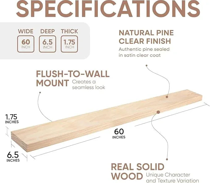 Homeforia 60 inch Natural Floating Shelf, High End Solid Real Wood 60inch Small Floating Shelves for Wall Mounted, Natural Wooden Floating Shelves, Heavy Duty Bracket, 60 X 6.5 X 1.75 in, Set of 2 - ModernBath
