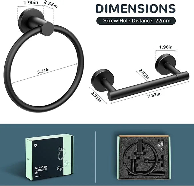 FORIOUS Matte Black Toilet Paper Holder Wall Mount, SUS304 Stainless Steel Double Post Pivoting Tissue Roll Holder and Hand Towel Ring Set for Bathroom, RV, Bathroom Hardware Accessories Set - ModernBath