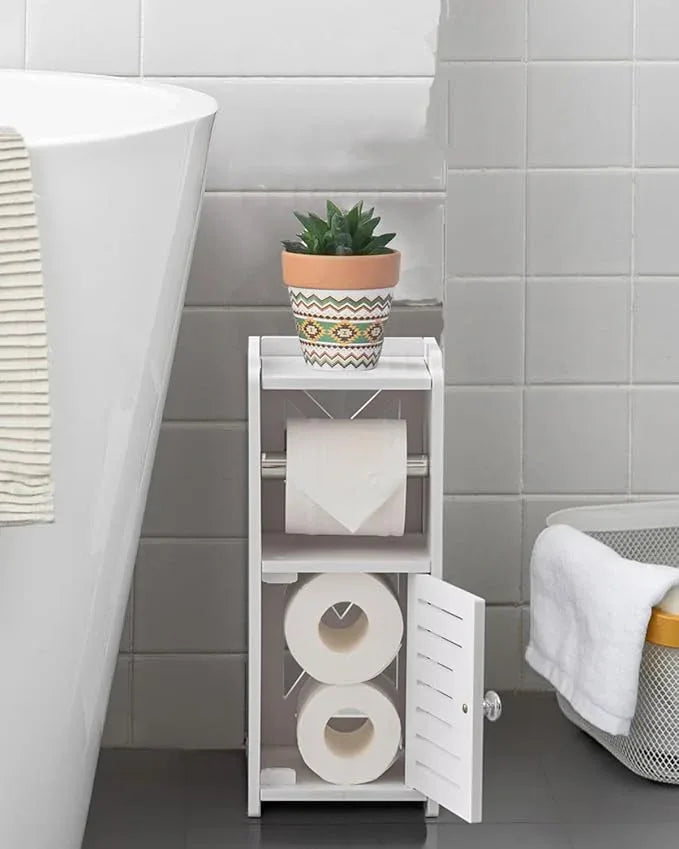 AOJEZOR Toilet Paper Holder Stand: Free Standing PVC Bathroom Cabinet - Small Bathroom Storage for Apartment Dwellers - White - ModernBath