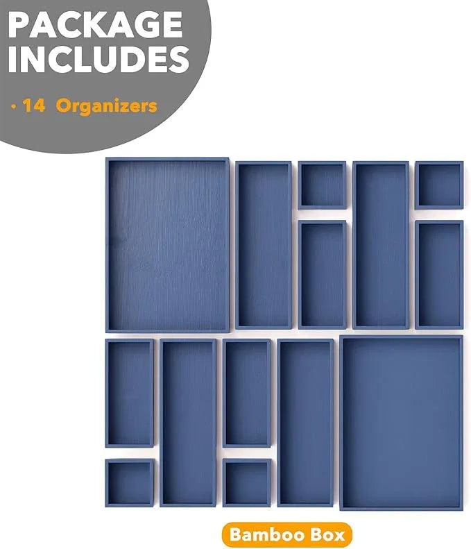 SpaceAid 14-Piece Bamboo Drawer Organizer Storage Boxes Set, Wood Tray Junk Drawer Organizers Multi-Use Divider Bins for Kitchen, Bathroom, Office Desk and Makeup Organization (14 Pack, Navy Blue) - ModernBath